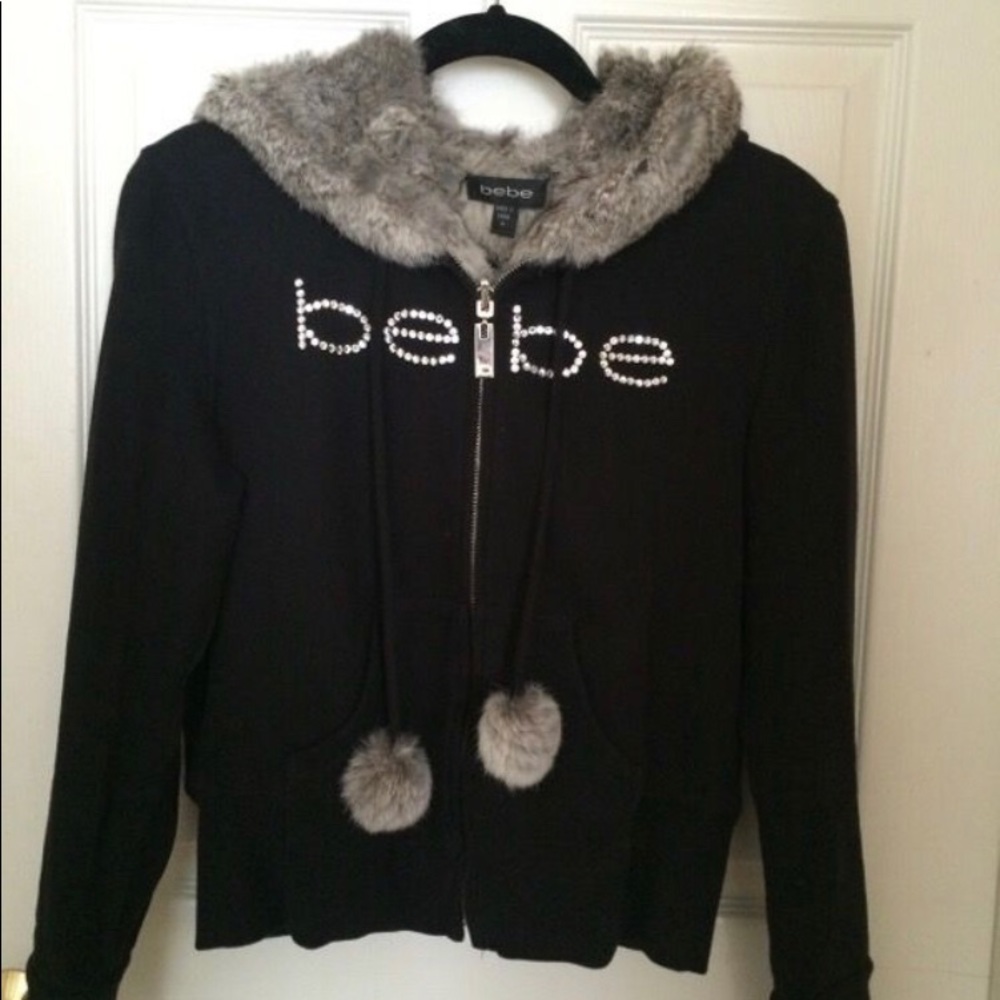Bebe RHINESTONE LOGO HOODIE w/ rabbit fur lining.